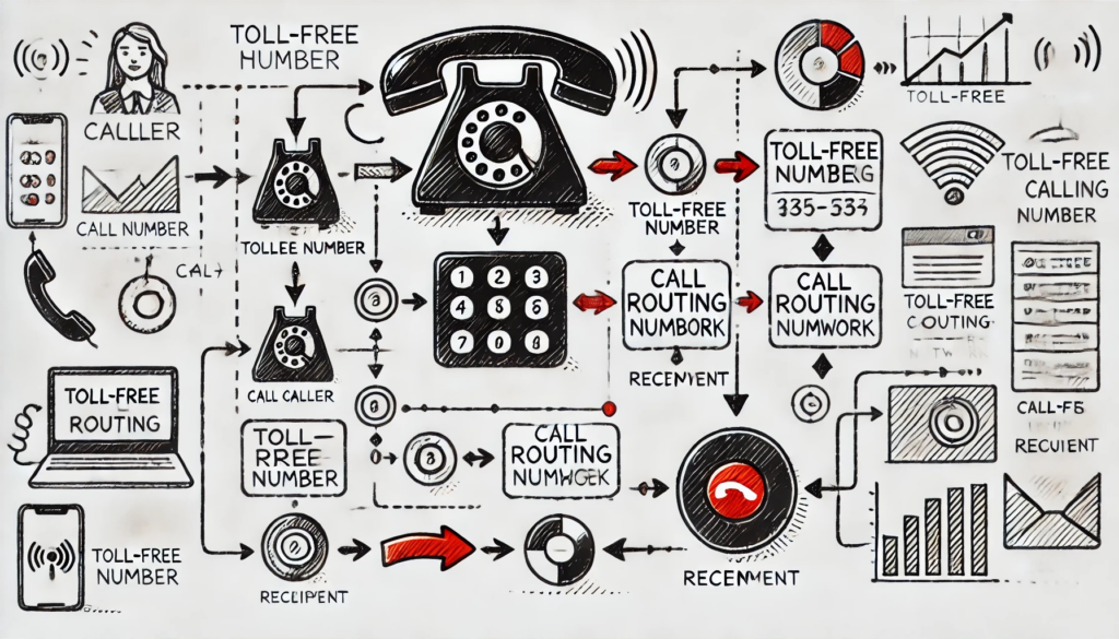 Hand-drawn diagram illustrating toll-free call routing technology using a modern black and red design.