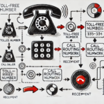 Hand-drawn diagram illustrating toll-free call routing technology using a modern black and red design.