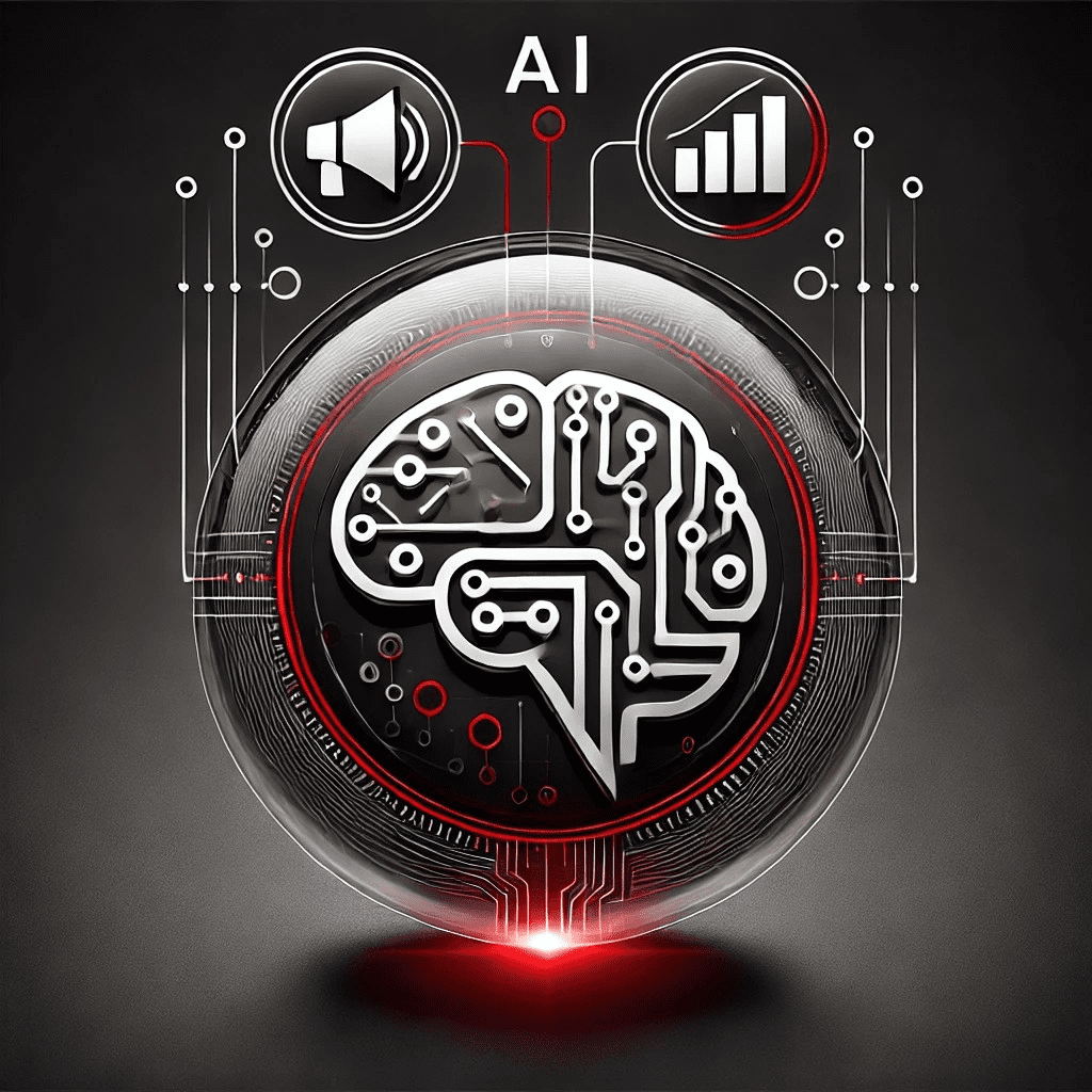 A digital illustration of an AI-themed design featuring a central brain icon with circuit patterns, symbolizing artificial intelligence.