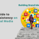 "Smartphone screen showing consistent brand graphics on a social media post with modern office background, emphasizing brand identity."