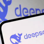 "Smartphone displaying a warning message about DeepSeek new sign-ups suspension, set against a blurred office background with cybersecurity icons."