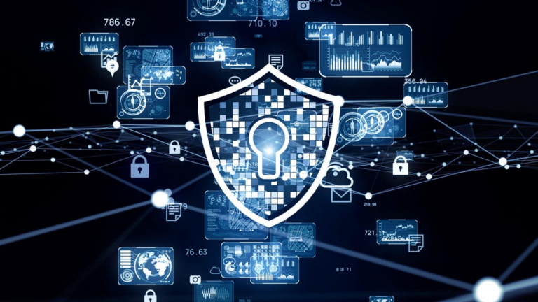 "NinjaOne online data security investment showcased with diagrams of data protection, an office backdrop, and cybersecurity symbols overlaying devices."