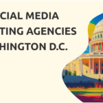 Alt Text: "Close-up of a smartphone displaying a social media marketing strategy, with Washington D.C. landmarks subtly blurred in the background."