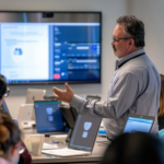 **Alt Text:** "A professional analyzing cybersecurity training course providers on a laptop, with digital security icons overlayed, symbolizing online safety education."