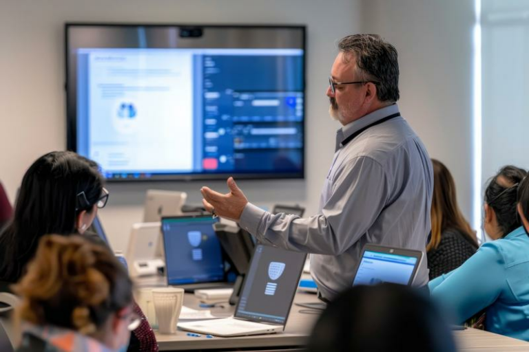 **Alt Text:** "A professional analyzing cybersecurity training course providers on a laptop, with digital security icons overlayed, symbolizing online safety education."