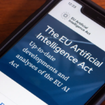 "Illustration of the EU enforcing the ban on high-risk AI systems, depicting oversight of AI tools to ensure compliance with safety regulations."