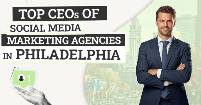 "Eight leading CEOs in Philadelphia’s social media scene, strategizing in a modern office, shaping trends in digital marketing innovation."