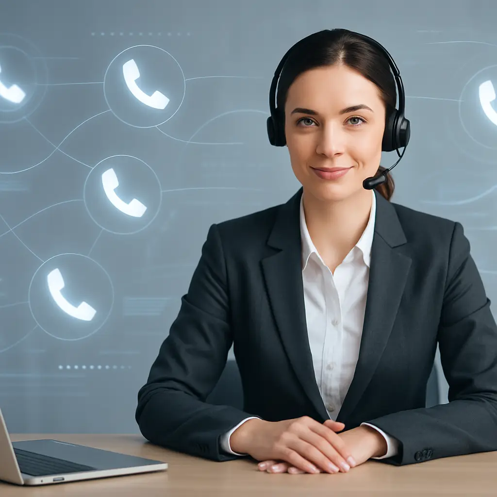 Businesswoman using a headset, representing cheap toll-free number service and affordable 800 number plans.