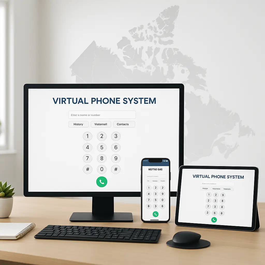 Virtual phone system interface for toll free numbers in Canada with a map of Canada in the background.