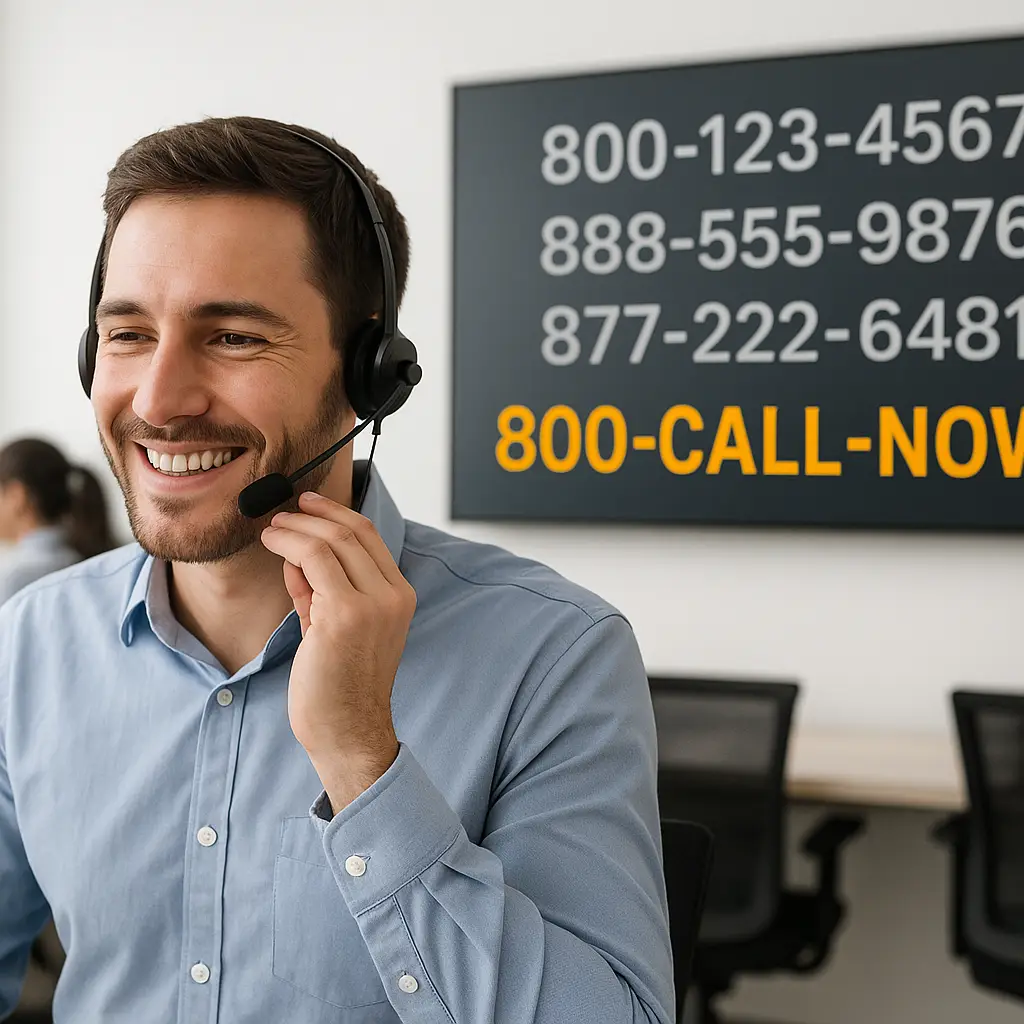 Friendly customer service agent in a call center with vanity toll-free numbers displayed.