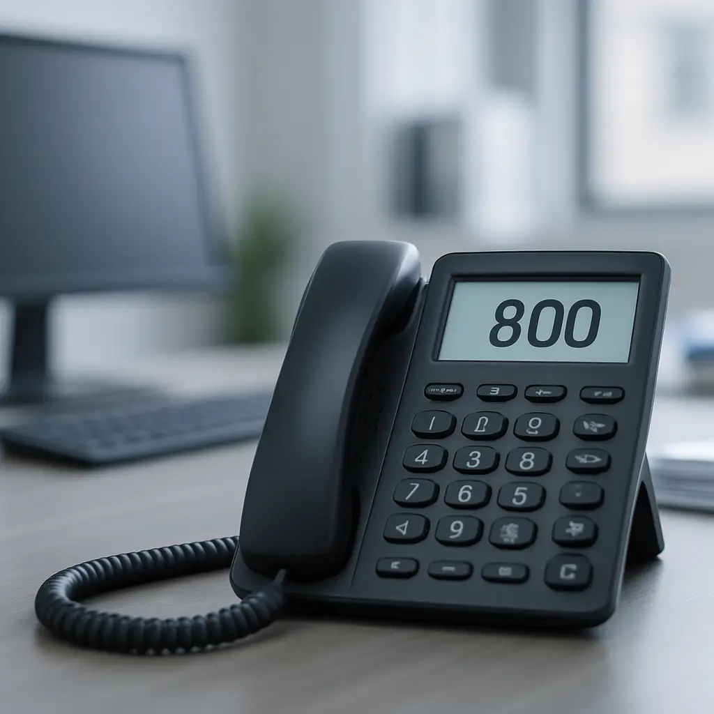 800 number cost in a professional office with a phone displaying '800'.