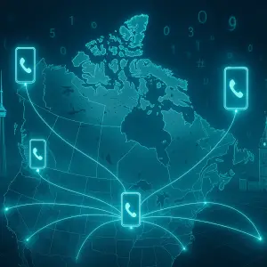 Futuristic interface of a virtual phone number network in Canada, featuring Canadian landmarks.