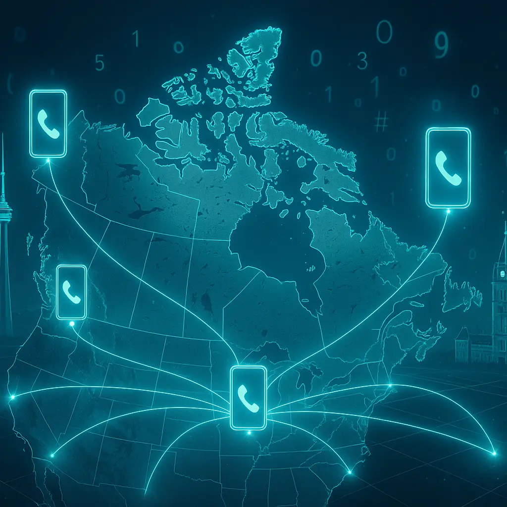 Futuristic interface of a virtual phone number network in Canada, featuring Canadian landmarks.