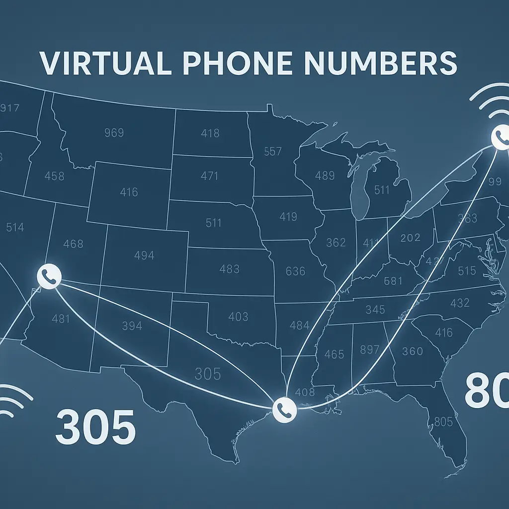 Map of USA with virtual phone line connection, highlighting a virtual phone number in USA concept