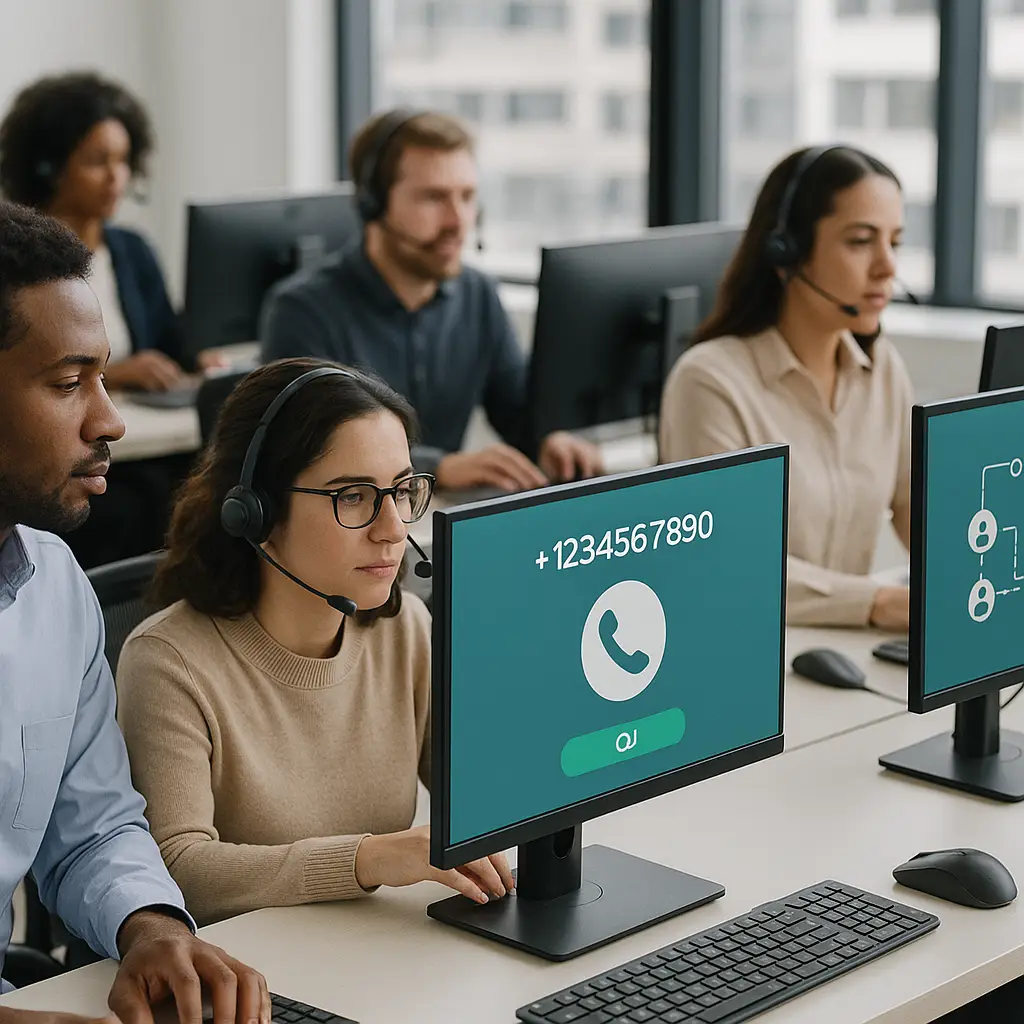 Operators using virtual phone numbers in a customer service center, depicting call routing technology.