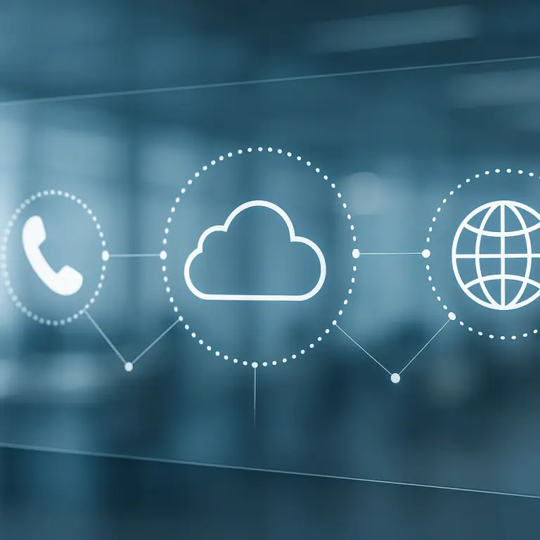 Digital interface with virtual telephone numbers icons and cloud communication tools
