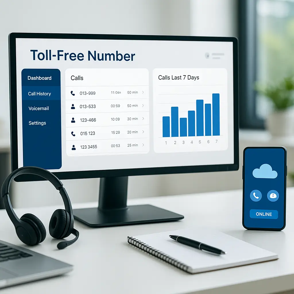 Virtual toll-free number dashboard on office desk for remote team communication