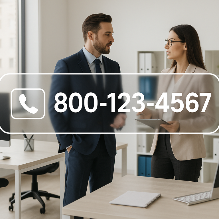 Modern office with digital interface displaying 800 number for business communication
