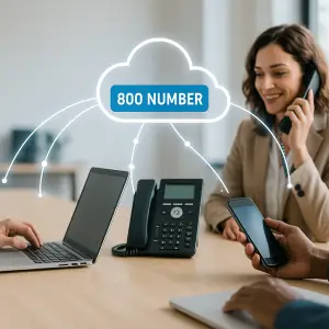 Small business integrating 800 numbers with VoIP in modern office setting.