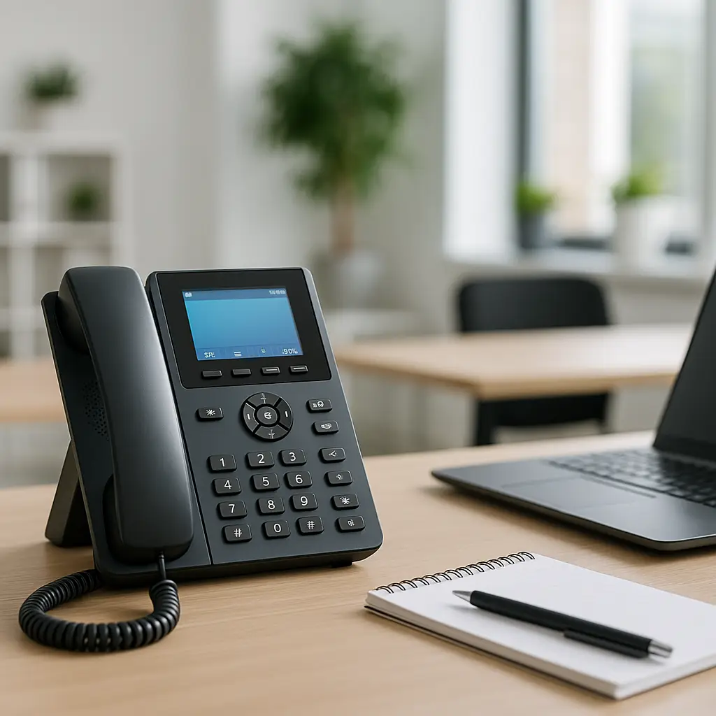Affordable business phone system under $20 configuration with VoIP phone on an office desk