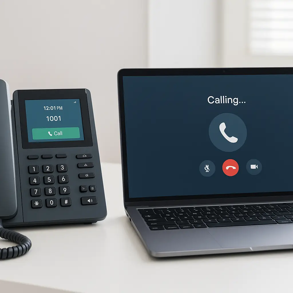 Affordable VoIP systems setup for small business with desk phone and laptop