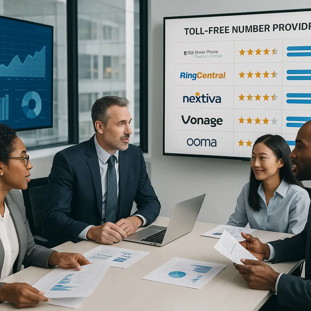 Business professionals comparing the best 800 number providers and their features.