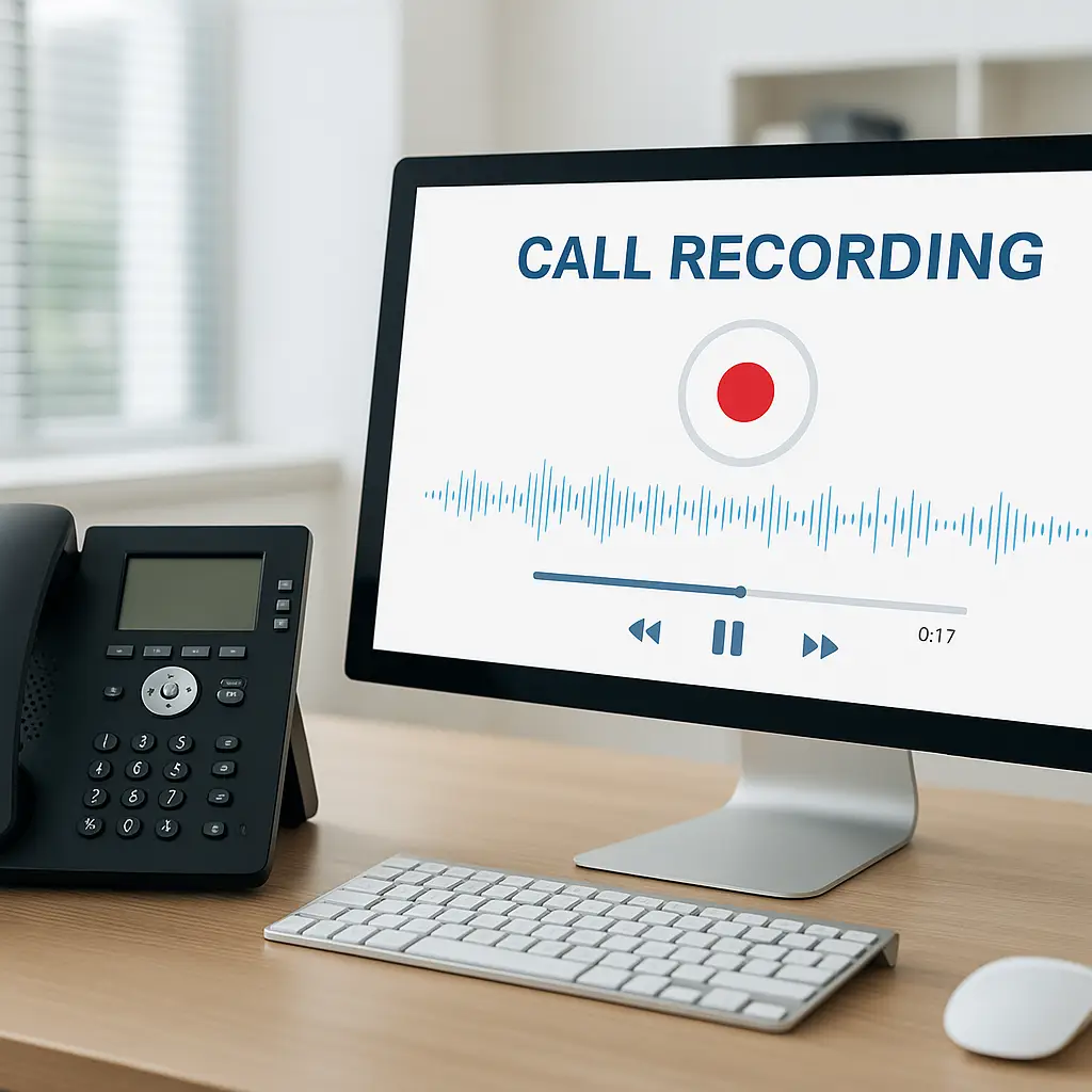 Business phone system with call recording feature showing a sleek desk setup including a phone and computer.