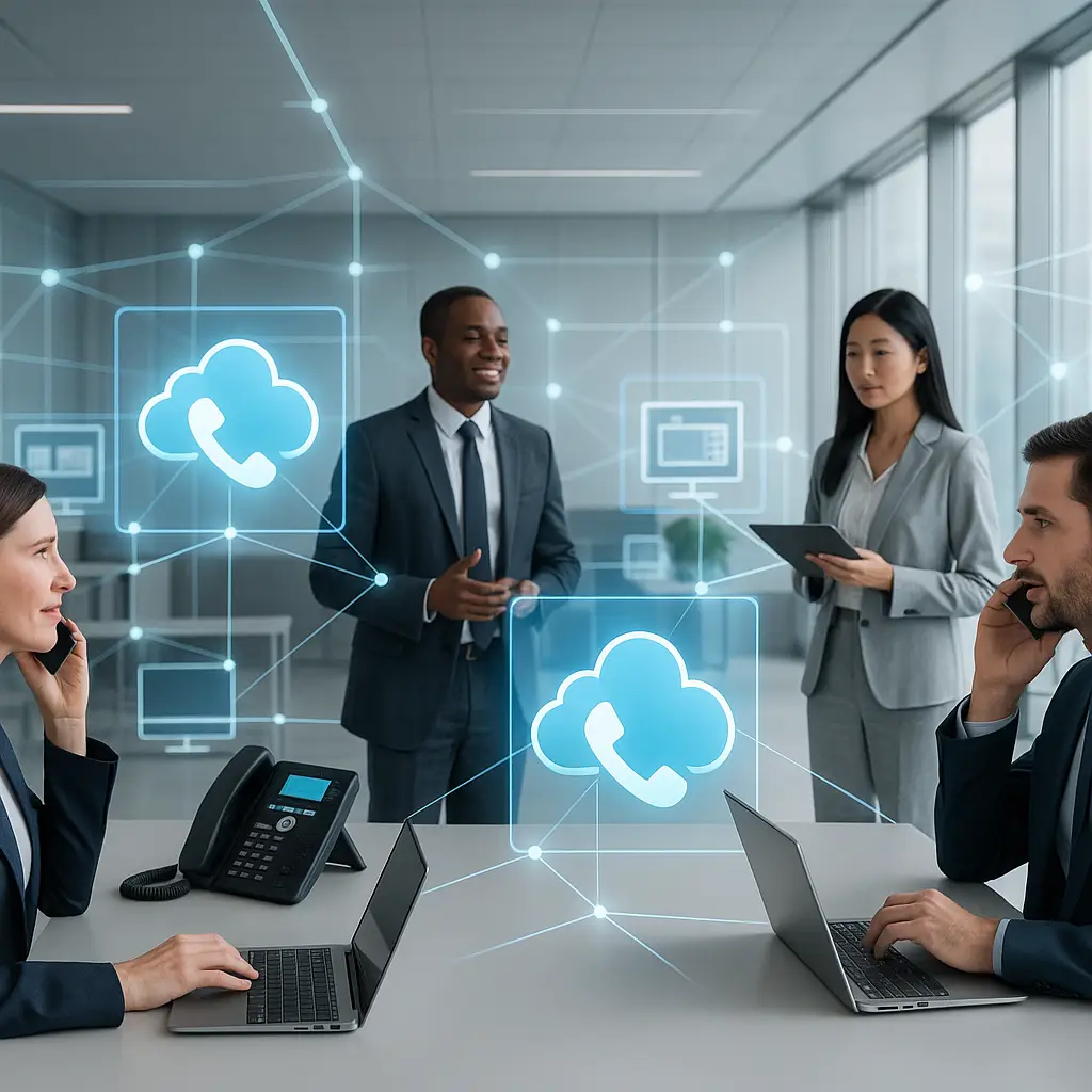 Business professionals using cloud phone systems showcasing interconnected devices and communication tools.