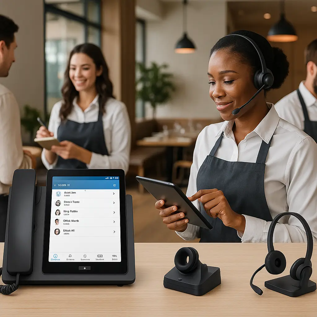 Advanced phone systems for restaurants with touch screen technology and wireless headsets.