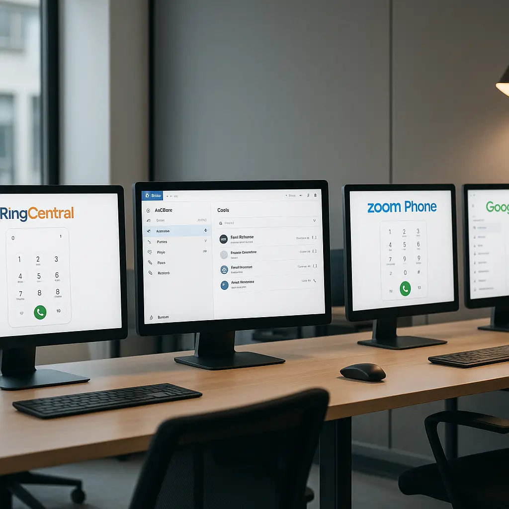 Comparison of RingCentral and VoIP alternatives with computer screens displaying different phone system interfaces.