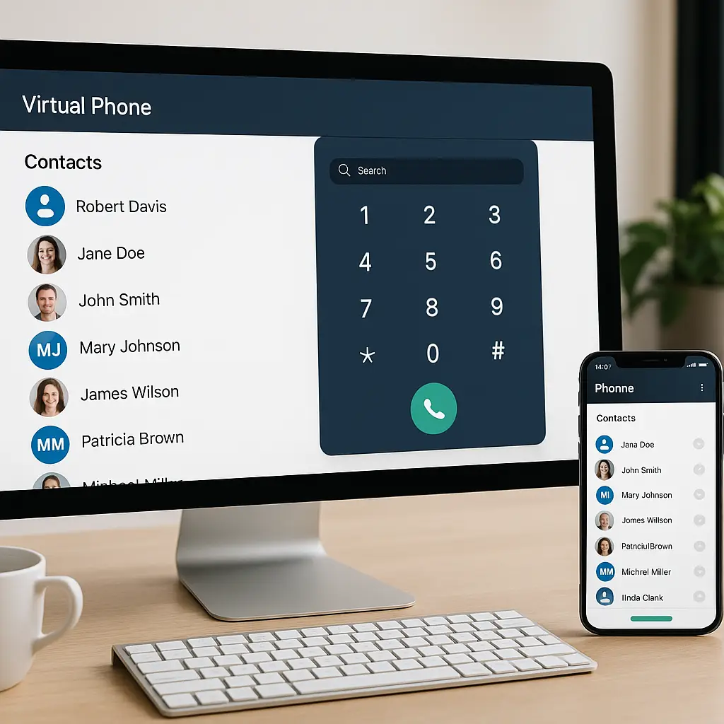 Virtual phone system interface on a computer and smartphone representing business communication solutions