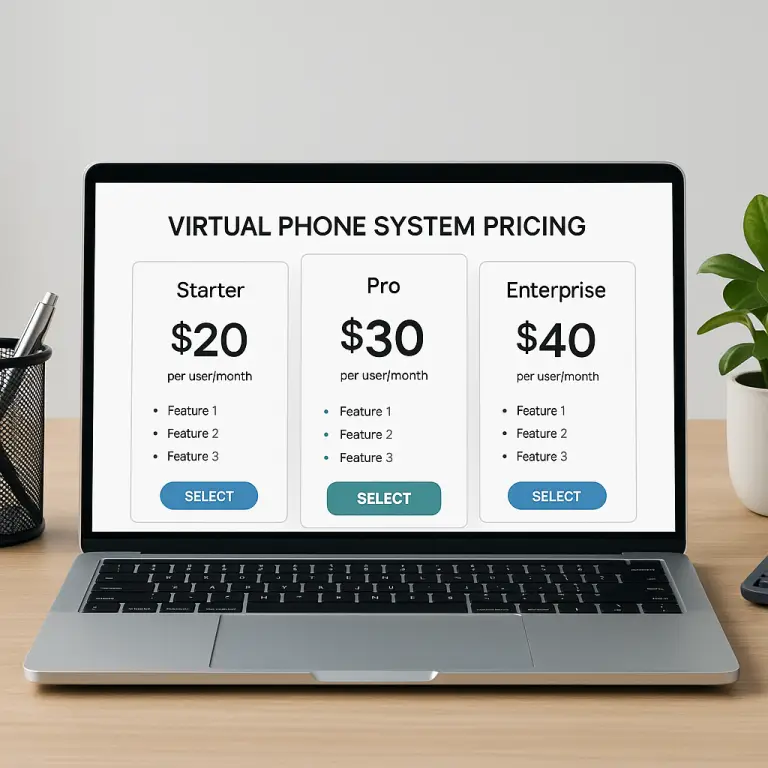 Modern office desk with virtual phone system pricing displayed on computer screen