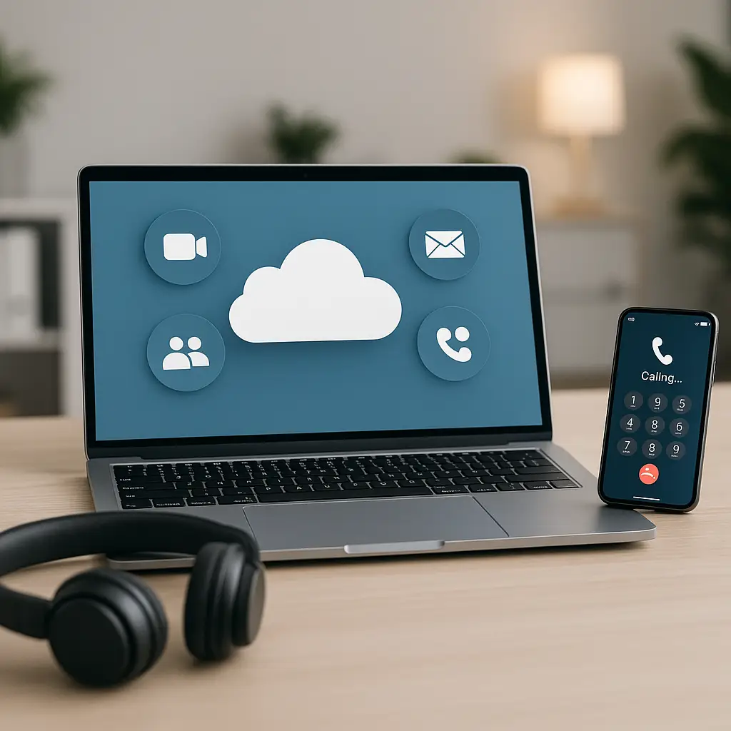 Modern office setup showcasing the best virtual phone system for small business, complete with laptop and smartphone.