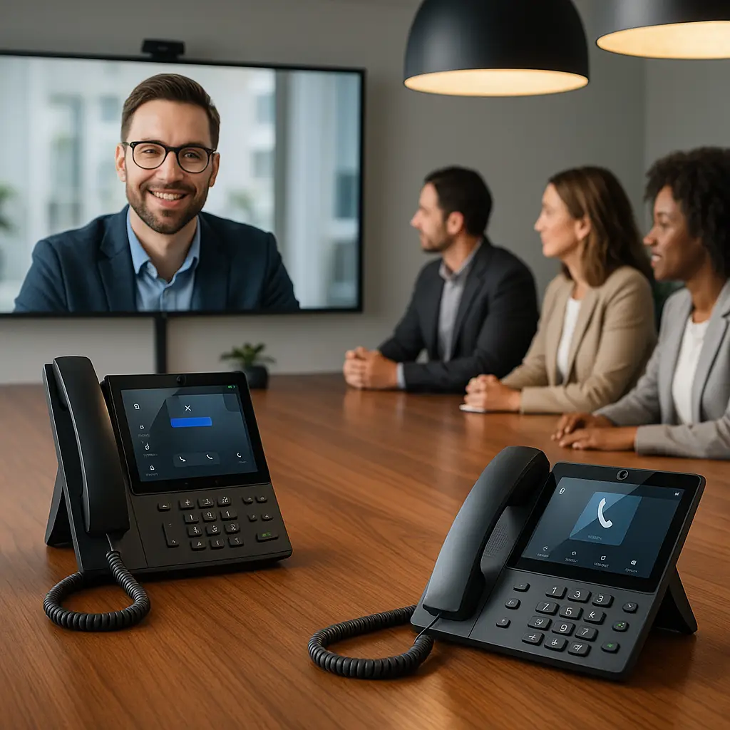 VoIP phone system with video conferencing in a business setting.